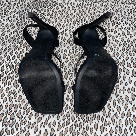 Bebe Black High Heel Suede Sandal Open Toe Bejeweled Rhinestone Bling Strap NWOT - Picture 11 of 12